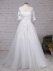 Illusion Tulle Ball Gown Wedding Dresses with Beading and Sweep Train