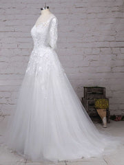 Illusion Tulle Ball Gown Wedding Dresses with Beading and Sweep Train