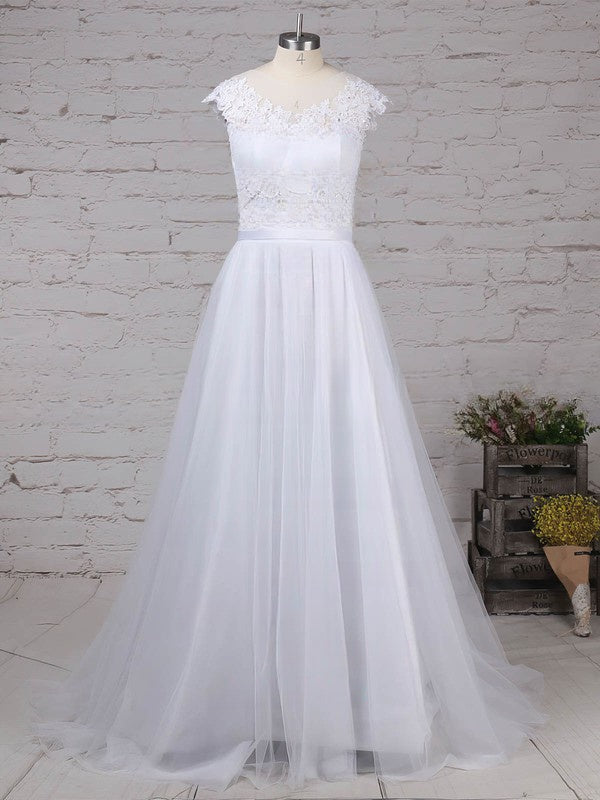 Illusion Tulle Sweep Train Wedding Dress With Appliques Lace