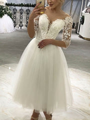 Illusion Tulle Tea-length Wedding Dress with Appliques Lace