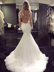 Illusion Tulle Wedding Dresses With Appliques Lace - Trumpet/Mermaid Sweep Train