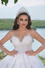 Illussion Long Sleeves Wedding Dress Bal Gown With Appliques-27dress