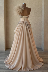 A-Line Tulle Ruched Sleeveless Prom Dresses with Beaded Handmade Flower