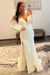 Ivory Sequins Deep V-Neck Sleeves Long Prom Dress with Slit