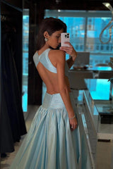 Jewel Neck Backless Sleeveless A Line Long Prom Dress With Pleated