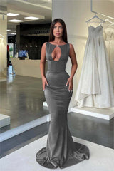 Jewel Neck Sleeveless High Waist Mermaid Prom Dress With Pleated