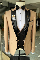 Khaki Peaked Lapel Three Pieces Men Suits For Prom