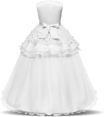 Long Princess Satin Tulle Wedding First Communion Flower Girl Dresses