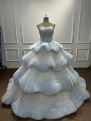 Blue Strapless Long Sequined Ball Gown Prom Dress