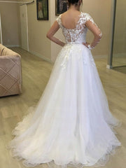 Lace Applique Ball Gown Wedding Dress with Tulle Sweep Train Illusion