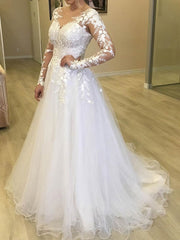 Lace Applique Ball Gown Wedding Dress with Tulle Sweep Train Illusion