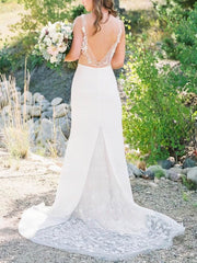 Lace Applique Sheath/Column Wedding Dress with V-Neck and Tulle Sweep Train