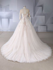 Lace Appliques Ball Gown Wedding Dress with Illusion Tulle Court Train