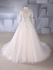 Lace Appliques Ball Gown Wedding Dress with Illusion Tulle Court Train