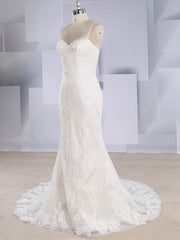 Lace Appliques Trumpet/Mermaid V-neck Tulle Sweep Train Wedding Dress
