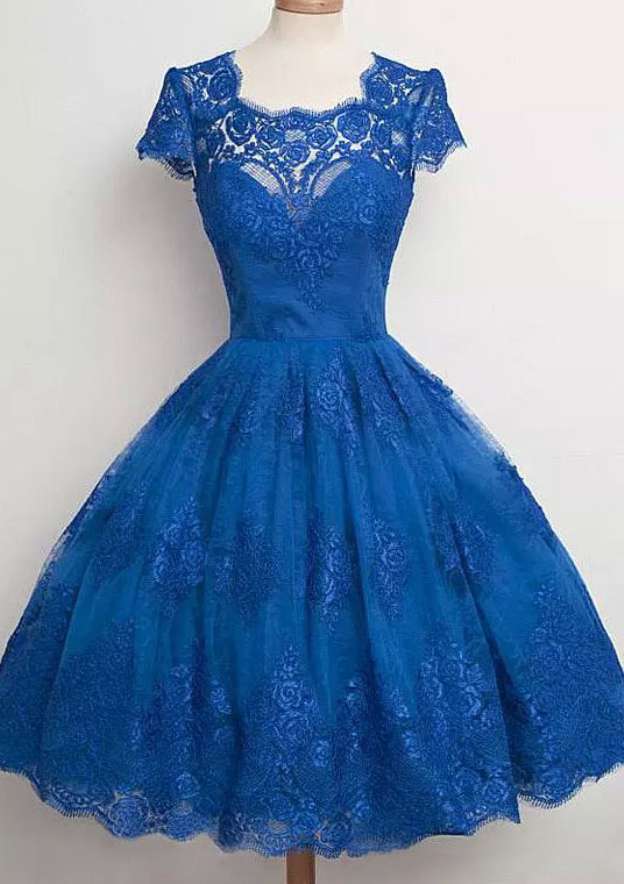 Lace Bateau Knee-Length Homecoming Dress With Pleated Ball Gown - 27Dress