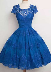 Lace Bateau Knee-Length Homecoming Dress With Pleated Ball Gown - 27Dress