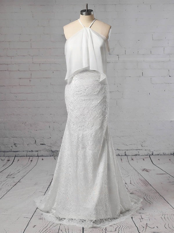 Lace Chiffon Trumpet/Mermaid Off-the-shoulder Wedding Dress with Sweep Train