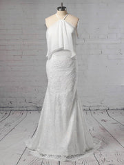 Lace Chiffon Trumpet/Mermaid Off-the-shoulder Wedding Dress with Sweep Train