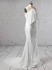 Lace Chiffon Trumpet/Mermaid Off-the-shoulder Wedding Dress with Sweep Train