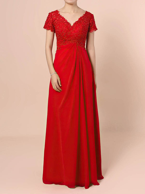 Lace Chiffon V-neck A-line Floor-length Beading Mother of the Bride Dress