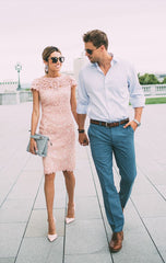 27Dress pink lace formal dresses worn by woman walking with man outdoors in stylish outfit
