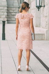 27Dress pink lace formal dresses knee-length prom dress with cap sleeves and floral pattern