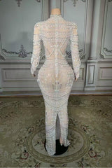 Lace High Neck Long Sleeves Evening Dress with Pearl-27dress