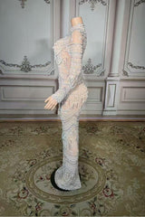 Lace High Neck Long Sleeves Evening Dress with Pearl-27dress