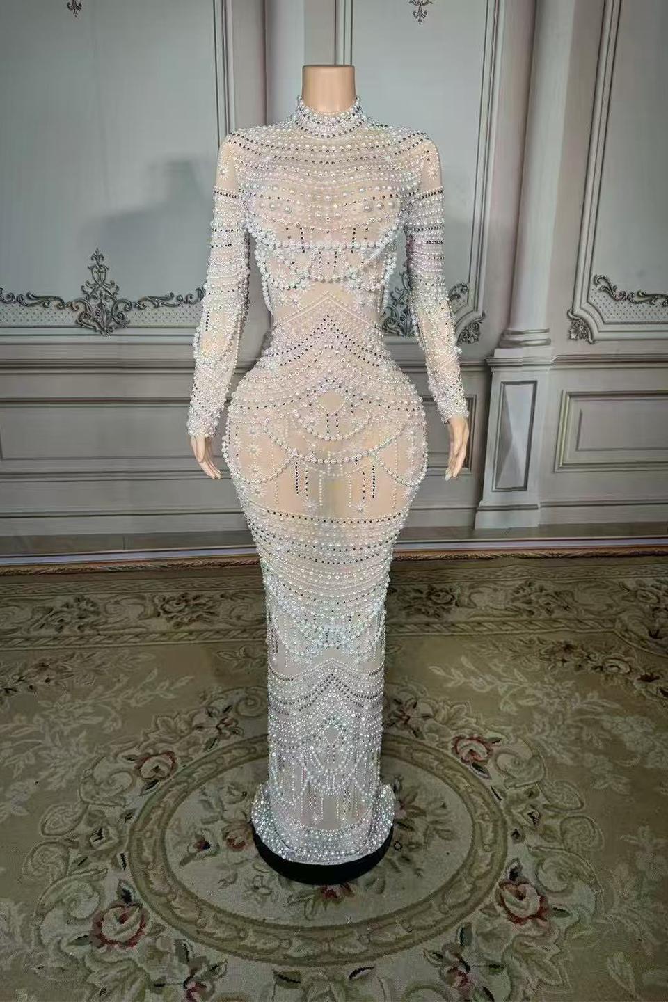 Lace High Neck Long Sleeves Evening Dress with Pearl-27dress