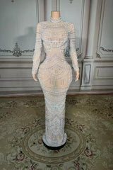 Lace High Neck Long Sleeves Evening Dress with Pearl-27dress