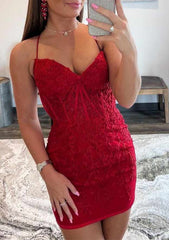 Red lace homecoming dress with spaghetti straps from 27Dress modeled in a mirror selfie