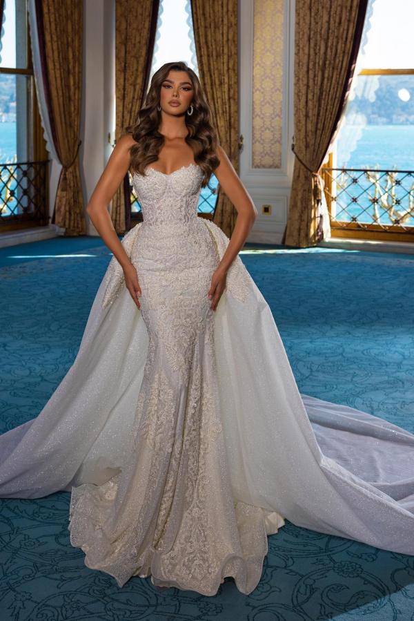 Lace Mermaid Wedding Dress Strapless Overskirt Online-27dress