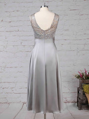 Lace Satin Chiffon A-line Bridesmaid Dress with Scoop Neck and Asymmetrical Sashes / Ribbons
