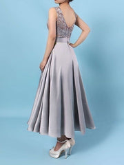 Lace Satin Chiffon A-line Bridesmaid Dress with Scoop Neck and Asymmetrical Sashes / Ribbons