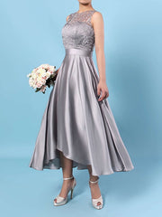 Lace Satin Chiffon A-line Bridesmaid Dress with Scoop Neck and Asymmetrical Sashes / Ribbons