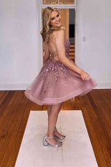 Lace-up Dusty Rose Appliques A-Line Short Homecoming Dress