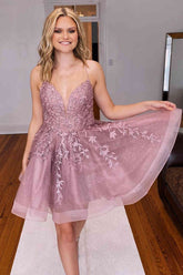 Lace-up Dusty Rose Appliques A-Line Short Homecoming Dress