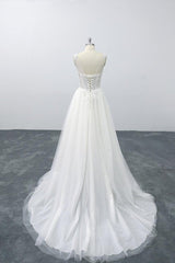 Lace-up V-neck Appliques Tulle A-line Wedding Dress On Sale-27dress