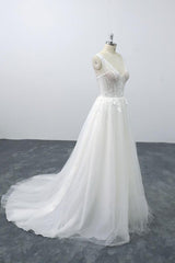 Lace-up V-neck Appliques Tulle A-line Wedding Dress On Sale-27dress