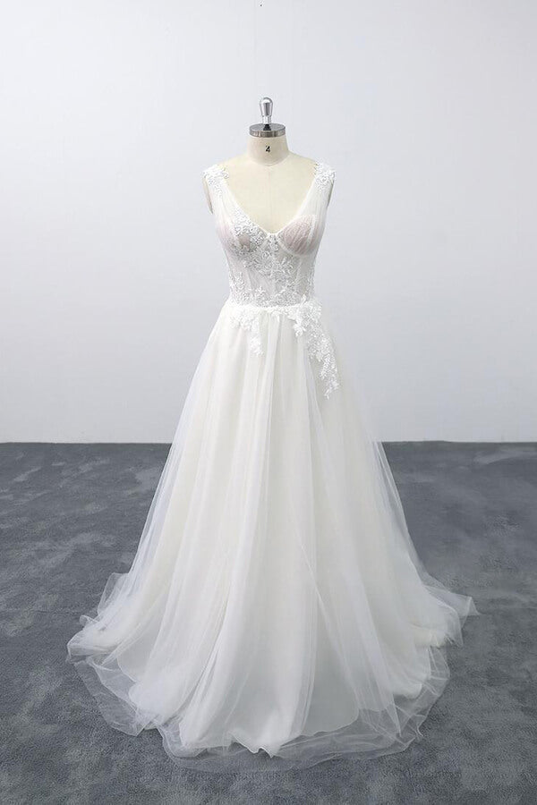 Lace-up V-neck Appliques Tulle A-line Wedding Dress On Sale-27dress