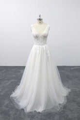 Lace-up V-neck Appliques Tulle A-line Wedding Dress On Sale-27dress