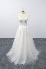 Lace-up V-neck Appliques Tulle A-line Wedding Dress On Sale-27dress