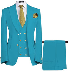 Lake Blue Peaked Lapel Three Pieces Prom Men Suits
