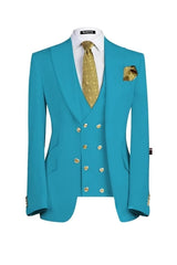 Lake Blue Peaked Lapel Three Pieces Prom Men Suits