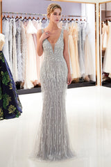 Latest Long Mermaid V neck Beading Fringe Tulle Evening Dress-27dress