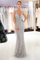 Latest Long Mermaid V neck Beading Fringe Tulle Evening Dress-27dress