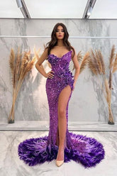 Lavender Sequins Evening Dress Sleeveless Strapless with Slit From 27dress