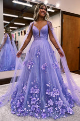 Lavender Tulle Spaghetti Strap A Line Sequins Long Prom Dress With Appliques