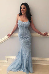 Light Blue Long Lace Open Back Mermaid Prom Dress-27Dress